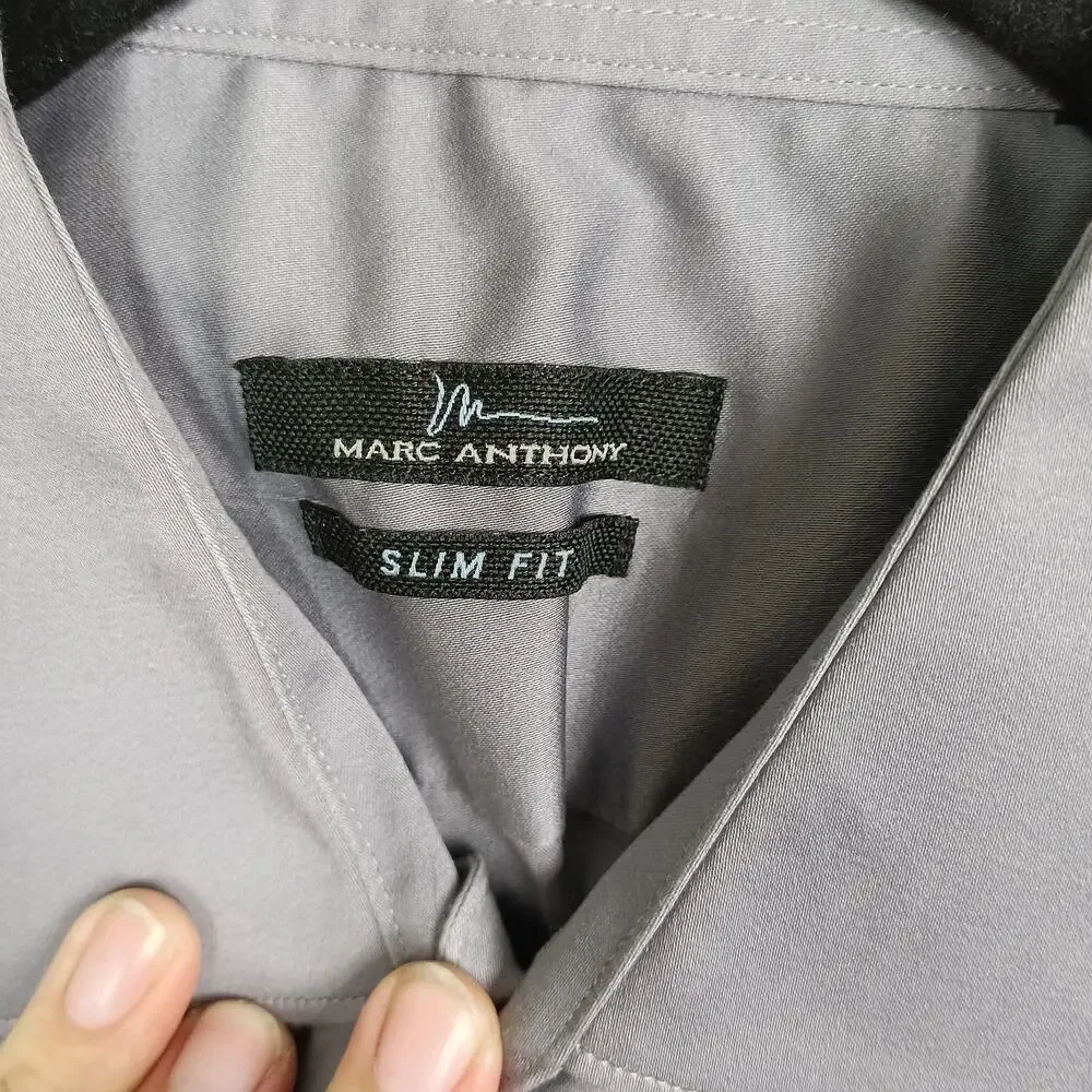 MARC ANTHONY Mens Solid Gray Long Sleeve Dress Shirt Stretch Slim Fit 16.5/32-33